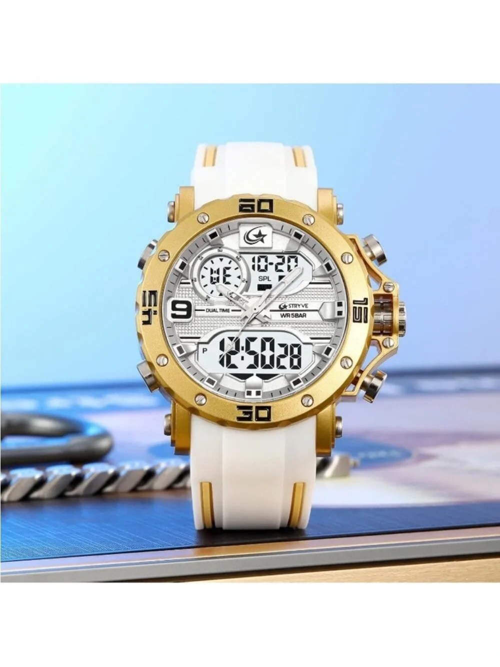Men's White Analog Quartz Silicone Band Waterproof Multifunction Digital Watch